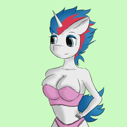 Size: 2000x2000 | Tagged: safe, artist:quickcast, oc, oc only, unicorn, bra, breasts, cleavage, clothes, female, green background, horn, simple background, smiling, solo, underwear, unicorn oc