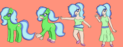 Size: 1800x700 | Tagged: safe, artist:quickcast, oc, oc only, earth pony, human, pony, clothes, dress, earth pony oc, female, humanized, mare, orange background, simple background, smiling, transformation