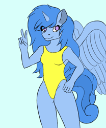 Size: 1000x1200 | Tagged: safe, artist:quickcast, oc, oc only, alicorn, anthro, alicorn oc, blue background, clothes, female, horn, one-piece swimsuit, peace sign, simple background, smiling, solo, swimsuit, wings