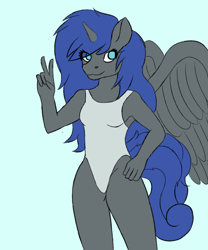 Size: 1000x1200 | Tagged: safe, alternate version, artist:quickcast, oc, oc only, alicorn, anthro, alicorn oc, blue background, clothes, female, horn, one-piece swimsuit, peace sign, simple background, smiling, solo, swimsuit, wings