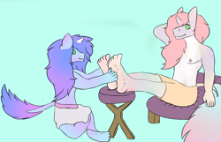 Size: 2800x1800 | Tagged: safe, artist:quickcast, oc, oc only, unicorn, anthro, plantigrade anthro, blue background, clothes, duo, feet, fetish, foot fetish, foot massage, horn, male nipples, nipples, partial nudity, simple background, sitting, smiling, stool, topless, unicorn oc