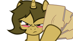 Size: 3840x2154 | Tagged: safe, anonymous editor, artist:the-pegasus-katja, oc, oc only, oc:sagiri himoto, pony, unicorn, angry, annoyed, blushing, brown coat, brown eyes, brown mane, disappointed, disgusted, ears, ears up, file, green mane, high res, horn, simple background, solo, transparent background, unicorn oc