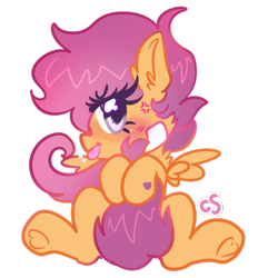 Size: 722x777 | Tagged: safe, artist:cutiesparke, scootaloo, pegasus, pony, :p, angry, bandage, blushing, cross-popping veins, ear fluff, female, filly, foal, frog (hoof), hoof heart, looking at you, raspberry, simple background, sitting, solo, spread wings, tail, tail hold, tongue out, transparent background, underhoof, wings