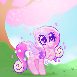 Size: 1500x1500 | Tagged: safe, artist:cutiesparke, princess cadance, butterfly, pegasus, pony, g4, bush, cherry blossoms, cloud, female, flower, flower blossom, flower in hair, grass, hill, hoof heart, hoof on chest, looking up, pegasus cadance, raised hoof, shiny eyes, sky, smiling, solo, sparkles, sparkly eyes, spread wings, tree, wingding eyes, wings, young cadance