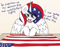 Size: 3172x2520 | Tagged: safe, artist:czu, oc, oc only, oc:usa, alicorn, pony, american flag, dialogue, high res, looking at you, nation ponies, open mouth, open smile, patriotic, ponified, smiling, sunglasses, united states