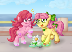 Size: 3478x2498 | Tagged: safe, artist:background basset, posey bloom, windy, earth pony, pegasus, pony, g5, my little pony: tell your tale, bow, cute, daisy (flower), duo, earth pony magic, female, flower, hair bow, high res, lesbian, magic, mare, ponytail, rearing, ship:poseywind, shipping, shipping fuel, smiling, spread wings, surprised, tail, tail bow, tongue out, wings