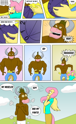 Size: 3656x5886 | Tagged: safe, artist:matchstickman, fluttershy, oc, minotaur, pegasus, anthro, comic:now i'm a jerk, g4, abs, belt, comic, dialogue, female, male, mare, muscle loss, muscles, pecs, shrinking, skinny, speech bubble, the tick, thin