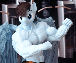 Size: 3600x3000 | Tagged: safe, artist:dashie116, oc, oc only, oc:calm wind, pegasus, anthro, 3d, abs, biceps, bodybuilder, commission, deltoids, flexing, gym, high res, male, muscles, muscular male, pecs, solo, stallion