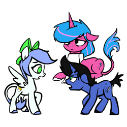 Size: 2048x2048 | Tagged: safe, artist:pfeffaroo, oc, oc only, oc:echo shade, oc:smokey sky, oc:snow feather, pegasus, pony, unicorn, fanfic:song of seven, angry, argument, black mane, bow, clothes, ears back, female, green eyes, high res, hooves, horn, leonine tail, mare, pegasus oc, short tail, siblings, simple background, striped mane, tail, tired, trio, unicorn oc, wings