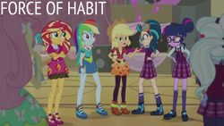 Size: 1280x720 | Tagged: safe, edit, edited screencap, editor:quoterific, screencap, applejack, dj pon-3, fluttershy, indigo zap, rainbow dash, sci-twi, sugarcoat, sunset shimmer, twilight sparkle, vinyl scratch, human, equestria girls, friendship games bloopers, g4, my little pony equestria girls: friendship games, applejack's hat, canterlot high, clothes, cowboy hat, crossed arms, crystal prep academy uniform, female, friendship games outfit, glasses, hairpin, hand on hip, hat, magic capture device, male, necktie, open mouth, open smile, school uniform, shoes, smiling, text
