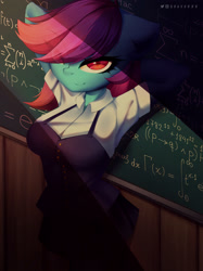 Size: 2240x3000 | Tagged: safe, artist:shavurrr, oc, oc only, oc:nohra, earth pony, anthro, calculus, chalkboard, classroom, clothes, commission, female, high res, logic, looking at you, math, school uniform, sigma notation, skirt, smiling, solo, sunset, two toned mane, ych result