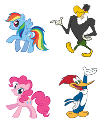 Size: 978x1152 | Tagged: safe, edit, pinkie pie, rainbow dash, bird, buzzard, earth pony, pegasus, pony, woodpecker, g4, buzz buzzard, clothes, crossover, cute, dashabetes, diapinkes, female, gloves, male, mare, pants, simple background, the new woody woodpecker show, white background, woody woodpecker, woody woodpecker (series)
