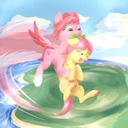Size: 4096x4096 | Tagged: safe, artist:felldeal, posey bloom, windy, earth pony, pegasus, pony, g5, my little pony: make your mark, absurd resolution, duo, duo female, female, flying, holding a pony, lesbian, mare, one eye closed, open mouth, outdoors, scared, ship:poseywind, shipping, spread wings, wings