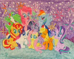 Size: 1280x1026 | Tagged: safe, artist:hunterz263, artist:justinvaldecanas, applejack, fluttershy, pinkie pie, rainbow dash, rarity, spike, starlight glimmer, sunset shimmer, twilight sparkle, alicorn, dragon, earth pony, pegasus, pony, unicorn, yoshi, g4, 4th of july, cowboy hat, crossover, deviantart watermark, fireworks, flutteryoshi, hat, holiday, independence day, looking at you, mane eight, mane seven, mane six, night, obtrusive watermark, one eye closed, open mouth, sky, smiling, super mario bros., traditional art, twilight sparkle (alicorn), watermark, wink, winking at you, yoshilight