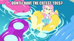Size: 888x499 | Tagged: safe, edit, edited screencap, screencap, fluttershy, human, equestria girls, g4, i'm on a yacht, spoiler:eqg series (season 2), babs bunny, barefoot, caption, feet, flutterfeet, image macro, soles, text, tiny toon adventures, wiggling toes