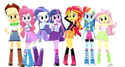 Size: 1024x552 | Tagged: safe, artist:frede15, applejack, fluttershy, pinkie pie, rainbow dash, rarity, sunset shimmer, twilight sparkle, human, equestria girls, g4, 3d, armpits, bare shoulders, clothes, humane five, humane seven, humane six, simple background, sleeveless, solo, tank top, transparent background