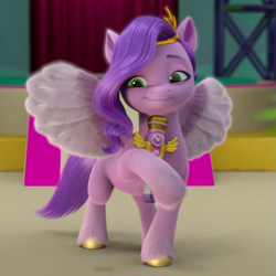 Size: 775x775 | Tagged: safe, screencap, pipp petals, pegasus, pony, g5, my little pony: make your mark, my little pony: make your mark chapter 1, spoiler:my little pony: make your mark, adorapipp, cropped, cute, female, headband, hoof hold, mare, microphone, smiling, solo, spread wings, unshorn fetlocks, wings