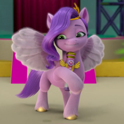 Size: 775x775 | Tagged: safe, screencap, pipp petals, pegasus, pony, g5, make your mark, my little pony: make your mark, spoiler:my little pony: make your mark, adorapipp, cropped, cute, female, headband, hoof hold, mare, microphone, smiling, solo, spread wings, unshorn fetlocks, wings