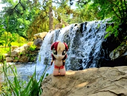 Size: 4032x3024 | Tagged: safe, artist:xeto_de, oc, oc:vanilla cream, pony, g4, irl, nature, photo, photography, plushie, pony plushie, realistic, water, waterfall