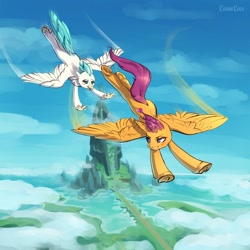 Size: 1200x1200 | Tagged: safe, artist:lunarlacepony, scootaloo, terramar, classical hippogriff, hippogriff, pegasus, pony, g4, blushing, female, flying, interspecies, lidded eyes, male, mount aris, scootaloo can fly, ship:terraloo, shipping, spread wings, straight, underhoof, wings