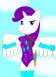 Size: 943x1280 | Tagged: safe, artist:bmigvjtdbhhb, rarity, alicorn, anthro, g4, alicornified, clothes, flying, jetpack, legs together, leotard, race swap, raricorn, rarity's leotard, sky, sky background, smiling, socks, spread wings, thigh highs, wings
