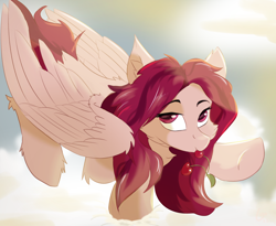 Size: 1650x1350 | Tagged: safe, artist:nighty, oc, oc:crimm harmony, pegasus, pony, artfight, cherry, cloud, female, folded wings, food, herbivore, mare, pegasus oc, raised hoof, sky, solo, standing, underhoof, wings