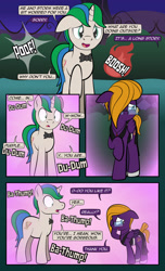 Size: 1920x3168 | Tagged: safe, artist:alexdti, oc, oc only, oc:purple creativity, oc:star logic, pegasus, pony, unicorn, comic:quest for friendship, blushing, bowtie, clothes, comic, dialogue, dress, duo, duo male and female, ears back, female, folded wings, glasses, hair over one eye, high res, hooves, horn, looking at someone, looking back, male, mare, onomatopoeia, open mouth, open smile, outdoors, pegasus oc, raised hoof, shrunken pupils, smiling, speech bubble, stallion, standing, tail, two toned mane, two toned tail, unicorn oc, wings