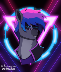 Size: 1884x2206 | Tagged: safe, artist:autumnsfur, oc, oc only, oc:echo beats, cyber pony, earth pony, pony, artfight, artfight22, bust, clothes, cyberpunk, female, grey fur, laser, mare, mask, multicolored hair, portrait, purple background, signature, simple background, smiling, smirk, wave
