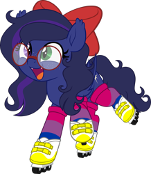 Size: 4354x5000 | Tagged: safe, artist:jhayarr23, oc, oc only, oc:shadow twinkle, bat pony, bisexual pride flag, bow, clothes, commission, cute, freckles, glasses, hair bow, male, pride, pride flag, simple background, socks, transparent background, ych result