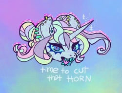 Size: 1010x773 | Tagged: safe, artist:cutesykill, oc, oc only, pony, bust, ear piercing, earring, horn, jewelry, looking at you, open mouth, piercing, sharp teeth, solo, teeth