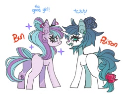 Size: 771x586 | Tagged: safe, artist:cutesykill, oc, oc only, oc:bun, oc:poison blue, earth pony, pony, unicorn, butt, duo, duo female, ear piercing, earring, female, horn, jewelry, looking at you, looking back, looking back at you, mare, open mouth, piercing, plot, sharp teeth, simple background, sparkles, teeth, white background