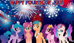 Size: 2064x1204 | Tagged: safe, artist:limedazzle, artist:not-yet-a-brony, hitch trailblazer, izzy moonbow, pipp petals, sunny starscout, zipp storm, earth pony, pegasus, pony, unicorn, g4, g5, 2022, 4th of july, female, fireworks, friendship, g5 to g4, generation leap, group shot, holiday, lyrics in the description, male, mane five, red eyes, red-eyed pipp, youtube link in the description
