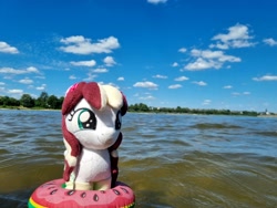 Size: 4032x3024 | Tagged: safe, artist:xeto_de, oc, oc:vanilla cream, pony, female, filly, floaty, foal, irl, nature, opaque inflatable, outdoors, photo, photography, plushie, pony plushie, pool toy, river, swimming, water