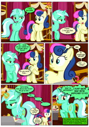 Size: 868x1230 | Tagged: safe, artist:dziadek1990, edit, edited screencap, screencap, bon bon, lyra heartstrings, sweetie drops, earth pony, pony, unicorn, g4, slice of life (episode), butt, comic, conversation, dialogue, existential crisis, female, flirting, fourth wall, mare, panic, plot, screencap comic, text, yelling