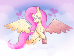 Size: 1280x960 | Tagged: safe, artist:cityofcorvids, fluttershy, pegasus, pony, g4, aside glance, blushing, chest fluff, cloud, feathered fetlocks, female, heart, looking at you, mare, sky background, smiling, smiling at you, solo, spread wings, turned head, wings