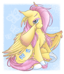 Size: 1200x1374 | Tagged: safe, artist:jeztereddin, fluttershy, pegasus, pony, abstract background, aside glance, chest fluff, colored eyelashes, colored hooves, ear tufts, feather in hair, feathered fetlocks, female, floppy ears, fluffy, hair over one eye, looking at you, mare, partially open wings, sitting, solo, stray strand, three quarter view, wings