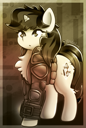 Size: 809x1200 | Tagged: safe, artist:llametsul, oc, oc only, oc:blackjack, pony, unicorn, fallout equestria, fallout equestria: project horizons, atg 2022, butt fluff, chest fluff, clothes, female, jumpsuit, mare, monochrome, newbie artist training grounds, pipbuck, signature, solo, vault security armor, vault suit