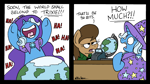 Size: 2340x1312 | Tagged: safe, artist:bobthedalek, trixie, oc, earth pony, pony, unicorn, 2 panel comic, atg 2022, brooch, cape, cash register, cashier, clothes, comic, female, globe, hat, jewelry, laughing, mare, newbie artist training grounds, trixie's brooch, trixie's cape, trixie's hat
