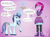 Size: 1039x769 | Tagged: safe, artist:bageloftime, fuchsia blush, oc, oc:spiral swirl, human, unicorn, equestria girls, g4, commission, dialogue, duo, hypnosis, hypnotist, hypnotized, levitation, magic, pendulum swing, pocket watch, slave, swirly eyes, telekinesis