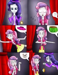 Size: 1280x1648 | Tagged: safe, artist:jerrydestrtoyer, rarity, sweetie belle, cat, human, equestria girls, g4, ballet, behaving like a cat, clothes, eyes closed, grass skirt, hula, hula dance, hypnosis, hypnotist, hypnotized, magician outfit, nya, onomatopoeia, open mouth, open smile, pocket watch, skirt, sleeping, smiling, sound effects, swirly eyes, tutu, zzz