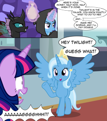 Size: 2705x3076 | Tagged: safe, artist:badumsquish, derpibooru exclusive, ocellus, trixie, twilight sparkle, alicorn, changeling, pony, unicorn, g4, 2 panel comic, alicornified, alley, bag, big no, canterlot, canterlot castle, comic, crown, cutie mark, dialogue, disguise, disguised changeling, evil grin, fangs, female, glowing, glowing horn, grin, high res, hood, hooded cape, horn, jewelry, magic, mare, money, money bag, palace, prank, pre changedling ocellus, race swap, regalia, screaming, show accurate, smiling, spread wings, telekinesis, trio, trio female, trixiecorn, trollxie, waving, wings