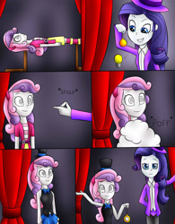 Size: 1280x1645 | Tagged: safe, artist:jerrydestrtoyer, rarity, sweetie belle, human, equestria girls, g4, clothes, comic, finger snap, hypnosis, hypnotized, magician outfit, pocket watch, smiling, stage hypnotist, swirly eyes, transformation, transforming clothes