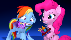 Size: 3840x2160 | Tagged: safe, artist:owlpirate, pinkie pie, rainbow dash, earth pony, pegasus, pony, g4, 3d, 4k, 4th of july, duo, female, fire, fireworks, floppy ears, grin, high res, holiday, mare, match, mouth hold, nervous, nervous smile, smiling, source filmmaker, this will end in pain, unshorn fetlocks