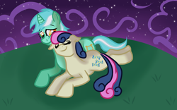 Size: 2560x1600 | Tagged: safe, artist:sirgalahadbw, bon bon, lyra heartstrings, sweetie drops, earth pony, pony, unicorn, g4, 2011, duo, female, lesbian, mare, night, ship:lyrabon, shipping