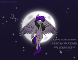 Size: 1901x1461 | Tagged: safe, artist:revenge.cats, oc, oc:drizzling dasher, pegasus, pony, angry, colored wings, emo, flying, gradient wings, lyrics, moon, solo, stars, text, wings