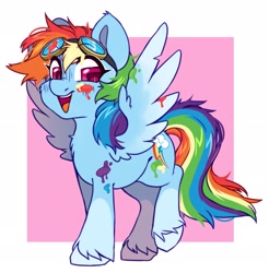 Size: 2283x2322 | Tagged: safe, artist:cheekipone, rainbow dash, pegasus, pony, g4, cute, female, goggles, happy, high res, looking at you, mare, open mouth, paint, paint on fur, rectangular pupil, smiling, smiling at you, solo, spread wings, square iris, unshorn fetlocks, wings