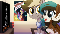 Size: 2560x1440 | Tagged: safe, artist:whitequartztheartist, daring do, oc, pony, g4, clothes, duo, female, male, multicolored hair, nintendo switch, playing video games, poster, scarf, smiling, undertale
