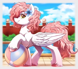 Size: 3389x3000 | Tagged: safe, artist:ask-colorsound, oc, oc only, pegasus, beach ball, flower, flower in hair, large wings, solo, swimming pool, unshorn fetlocks, wings