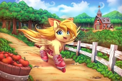 Size: 3000x2000 | Tagged: safe, artist:ask-colorsound, oc, oc only, oc:deliambre, pegasus, pony, apple, apple tree, barn, bow, commission, cottagecore, cute, fence, food, fruit, hair bow, high res, looking at you, open mouth, open smile, orchard, pegasus oc, roller skates, rollerblades, scenery, smiling, smiling at you, solo, sweet apple acres, tree