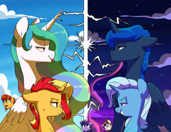 Size: 4093x3163 | Tagged: safe, artist:chub-wub, moondancer, princess celestia, princess luna, sunburst, sunset shimmer, trixie, twilight sparkle, alicorn, pony, unicorn, g4, :p, clothes, cloud, female, glasses, grin, looking at each other, looking at someone, luna is not amused, male, mare, night, rivalry, royal sisters, siblings, sisters, sky, smiling, stallion, sweat, sweater, tongue out, twilight sparkle (alicorn), unamused